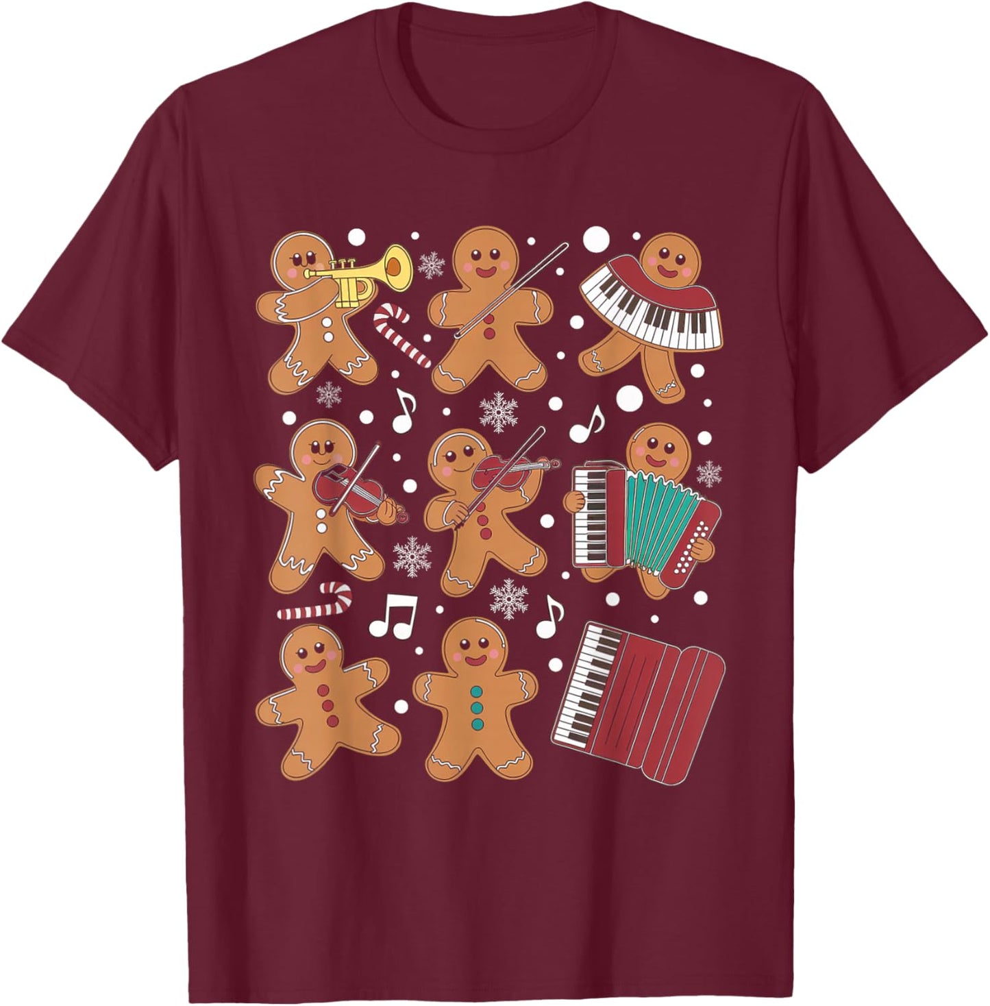Christmas Musician Gingerbread Playing Musical Instruments T-Shirt - T-Shirt | Maroon