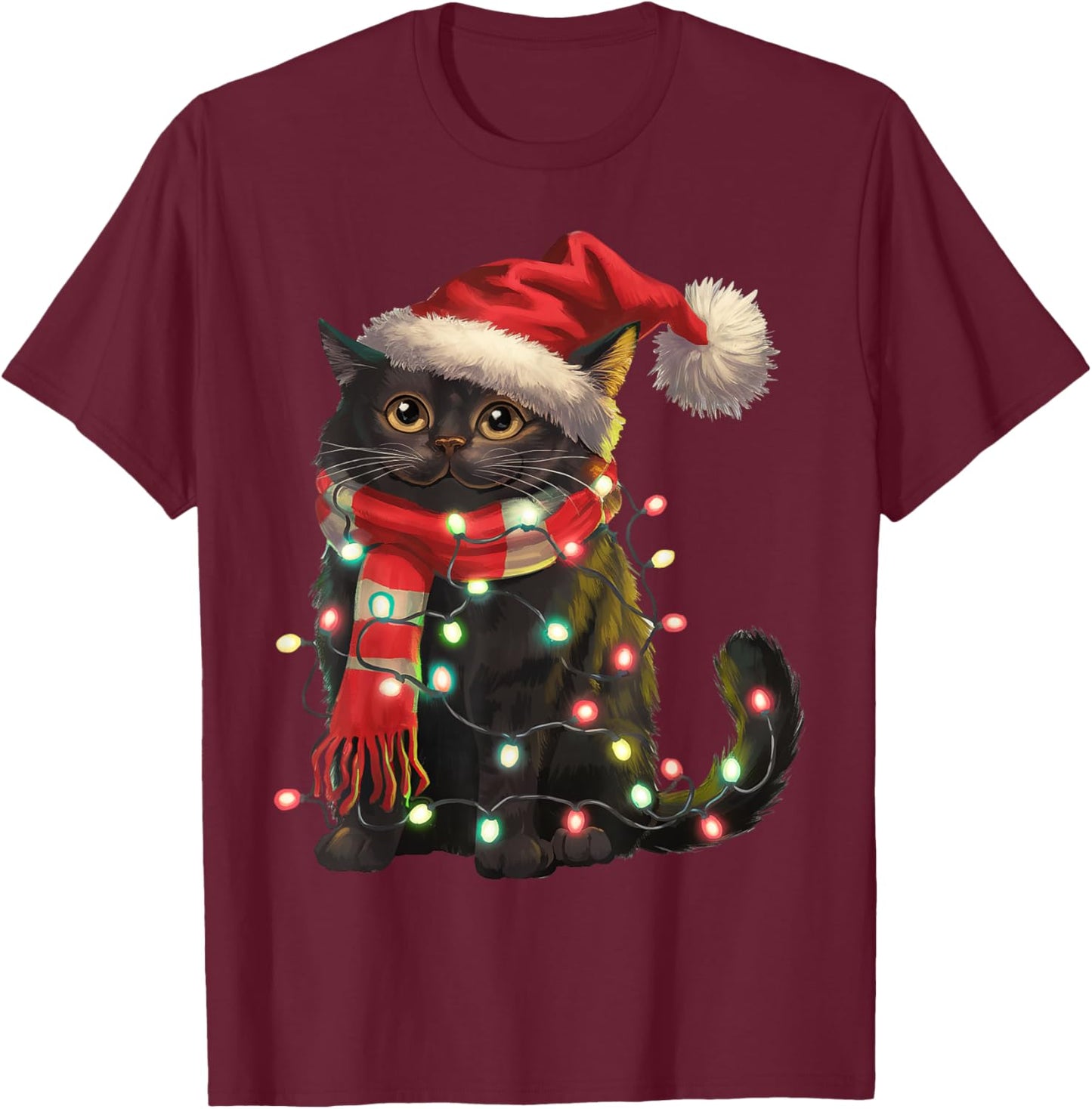 Black Cat Christmas Lights Santa Hat Christmas Cat Lover Women Kids T-Shirt - T-Shirt | Maroon