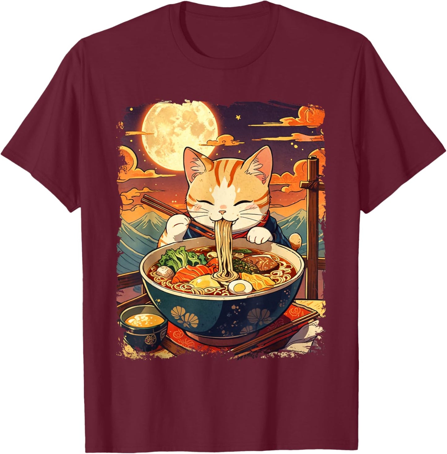 Cat Ramen Japanese Funny Graphic Kawaii Cat Anime Ukiyo-e T-Shirt - T-Shirt | Maroon