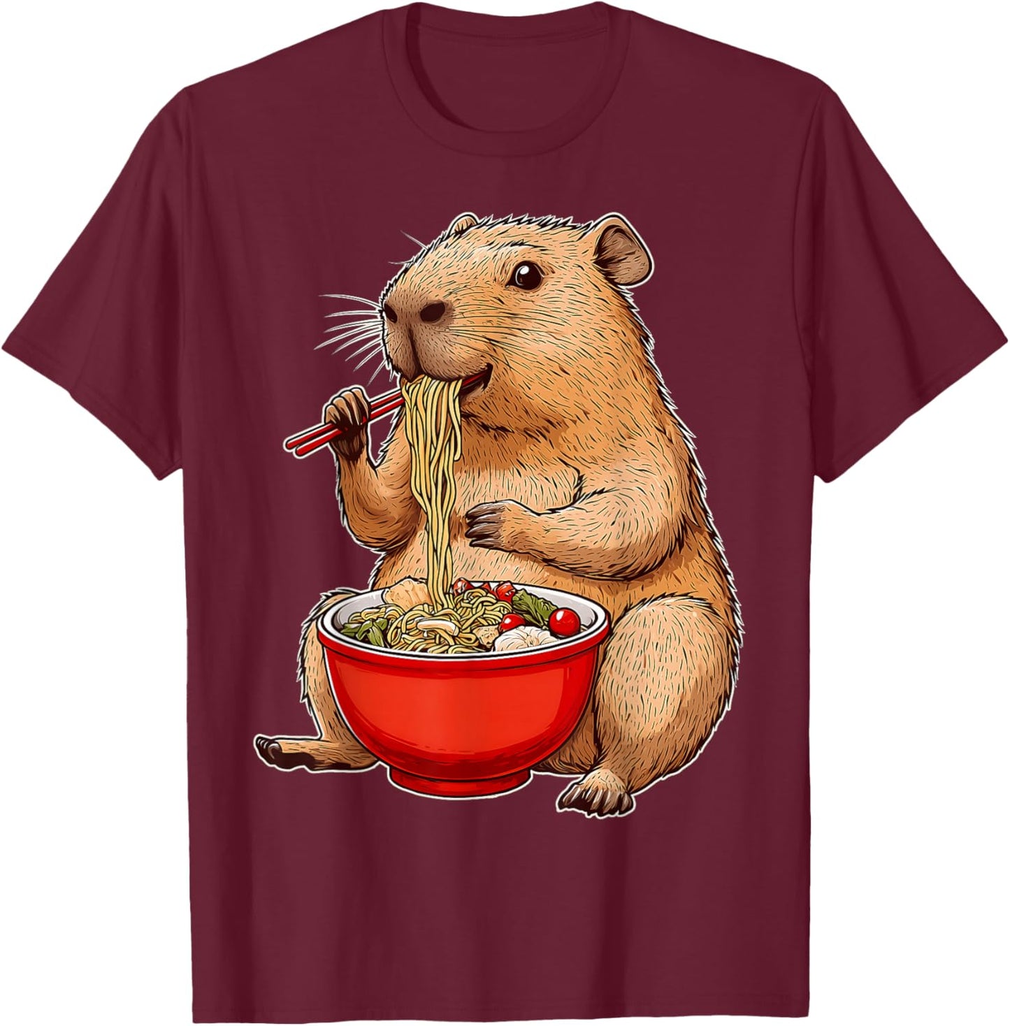 Capybara Capibara Ramen Japanese Noodles - -Adult, Black, Small, Short Sleeve, , Cartoon People Graphic, Gift Ideas T-Shirt - T-Shirt | Maroon