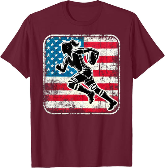 AMERICAN RUGBY Player Woman Flag USA United States T-Shirt - T-Shirt | Maroon