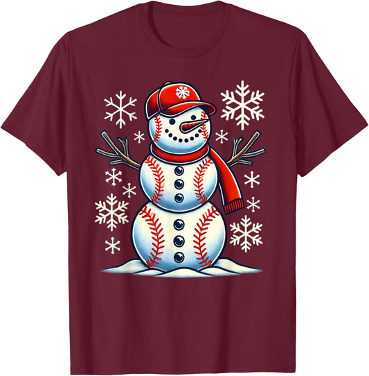 Christmas Baseball Snowman Boys Baseball Christmas Women Men T-Shirt - T-Shirt | Maroon
