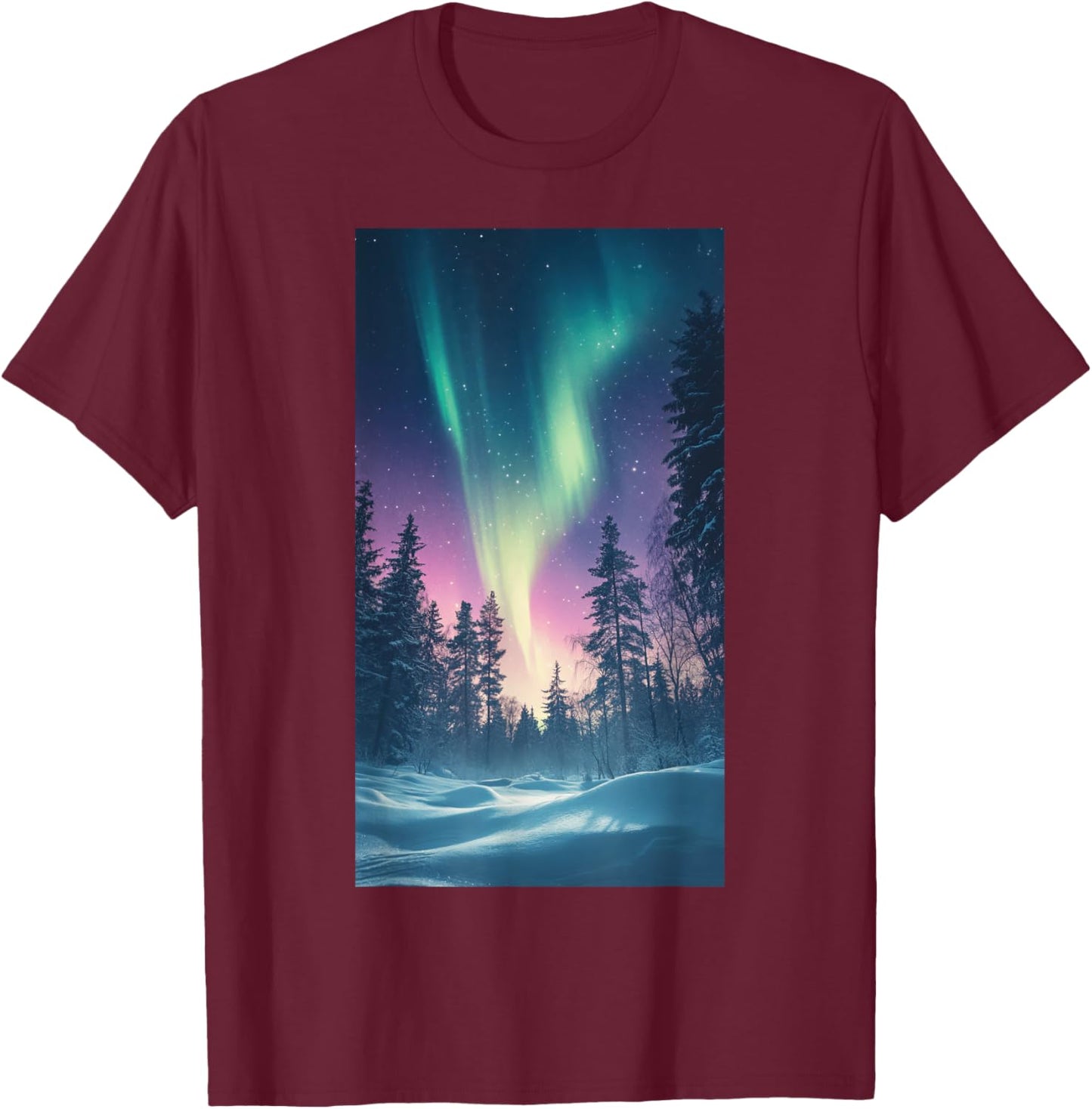 Northern Lights Snowy Forest Aurora borealis T-Shirt - T-Shirt | Maroon