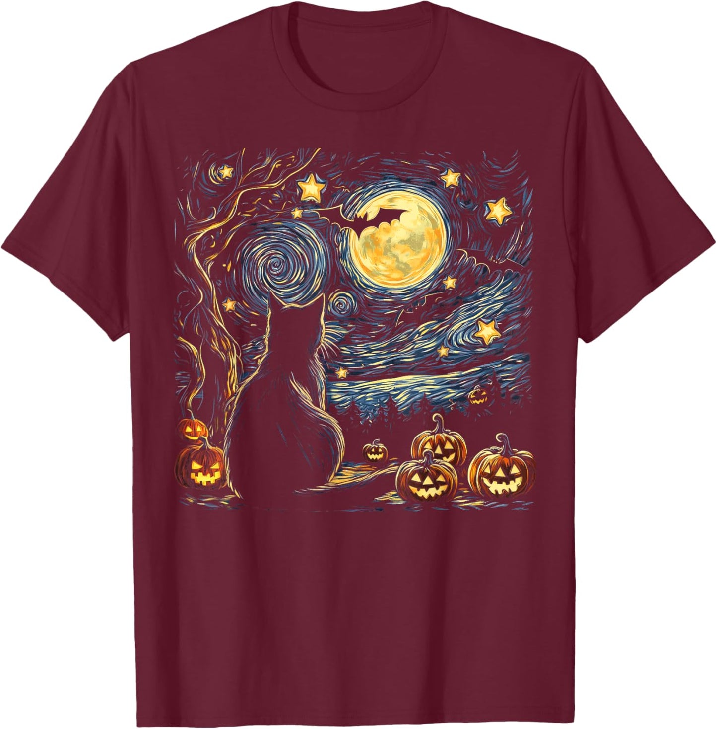 Halloween Van Gogh Starry Night Painting Black Cat Kitten Women Kids T-Shirt - T-Shirt | Maroon
