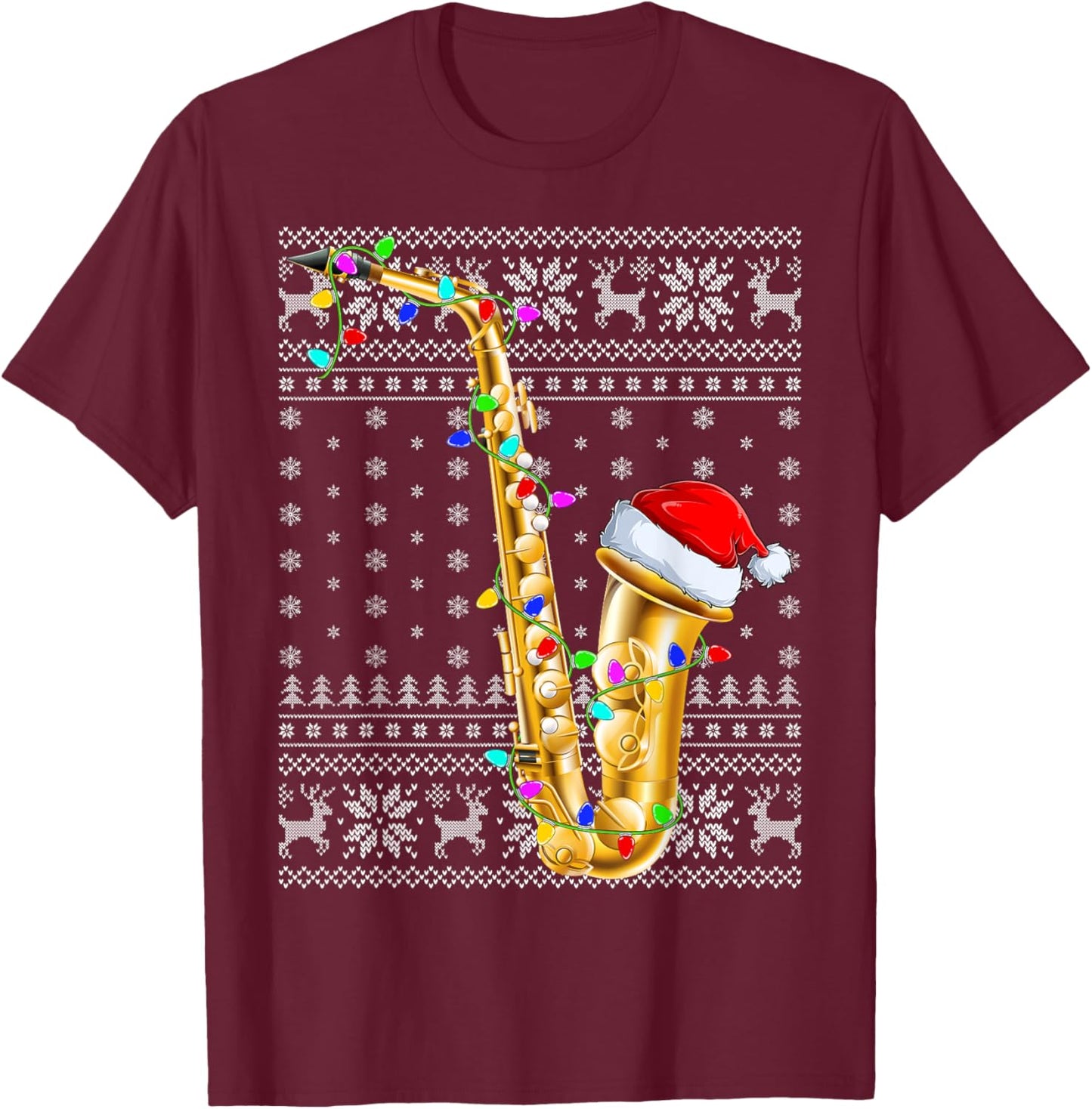 Ugly Sweater Xmas Lights Santa Musical Saxophone Christmas T-Shirt - T-Shirt | Maroon