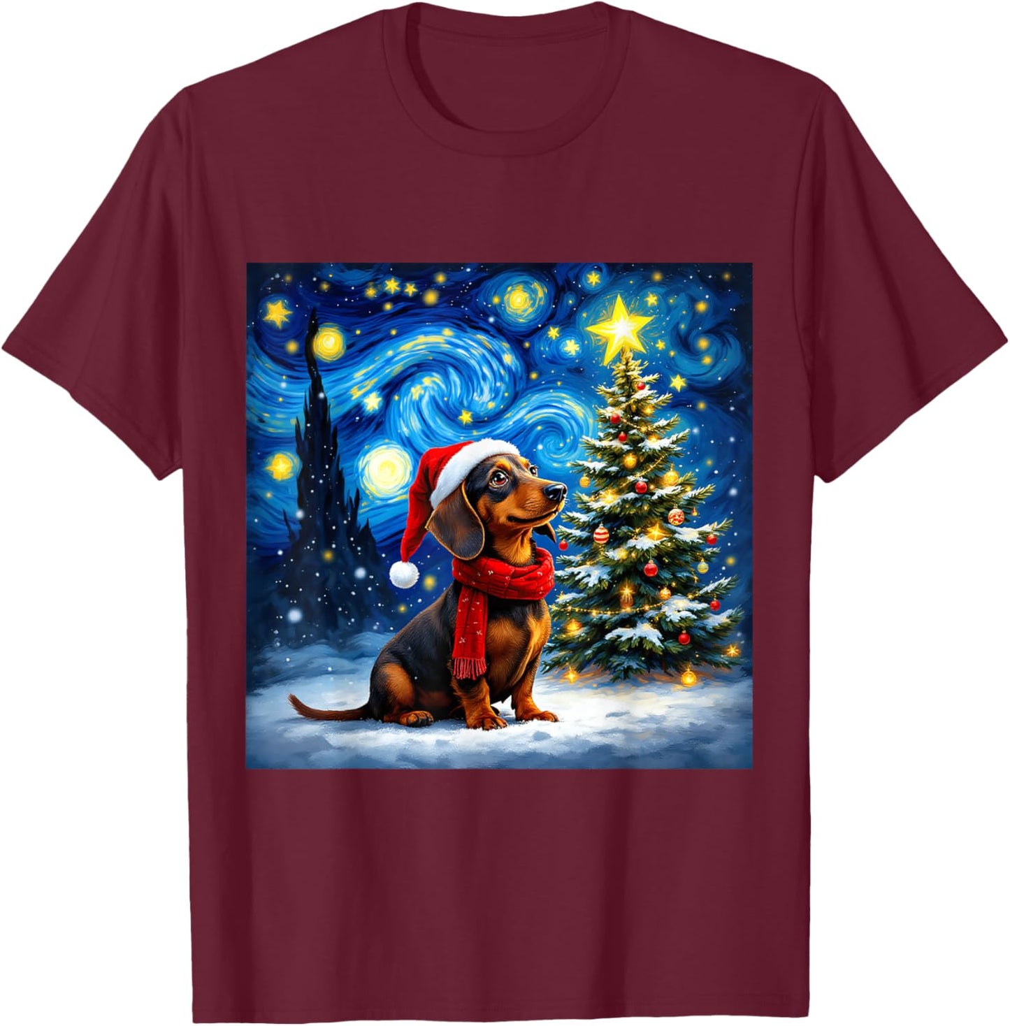 Dachshund Starry Night Christmas Van Gogh Dog Santa Hat T-Shirt - T-Shirt | Maroon