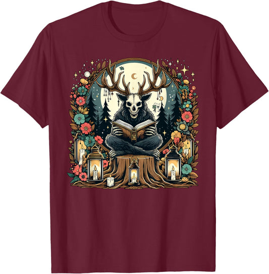 Cottagecore Aesthetic Wendigo Reading Book Camping T-Shirt - T-Shirt | Maroon