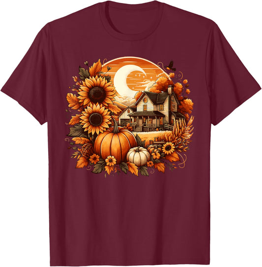 Cottagecore Vintage Moon Floral Pumpkin Fall Leaves T-Shirt - T-Shirt | Maroon