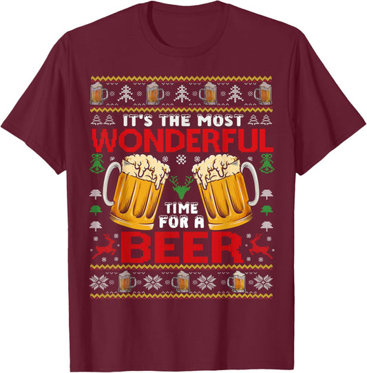 Xmas Wonderful Time For A Beer Ugly Christmas Sweaters T-Shirt - T-Shirt | Maroon