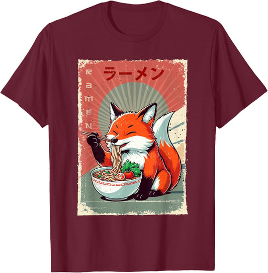 Fox Eating Ramen Japanese Noodles Soup T-Shirt - T-Shirt | Maroon