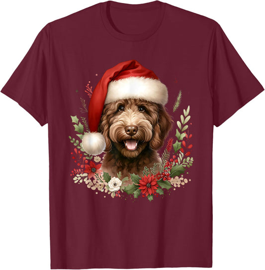 Christmas Chocolate Labradoodle Dog Watercolor Artwork T-Shirt - T-Shirt | Maroon