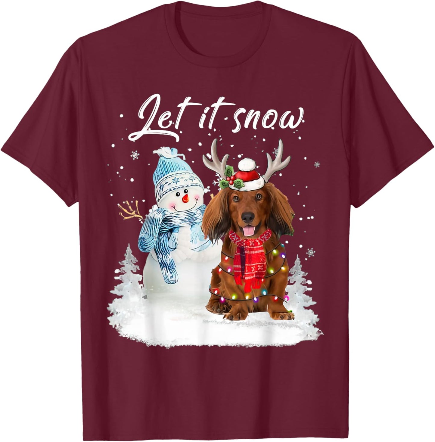 Red Long Haired Dachshund Santa Dog Christmas Snowman Xmas T-Shirt - T-Shirt | Maroon