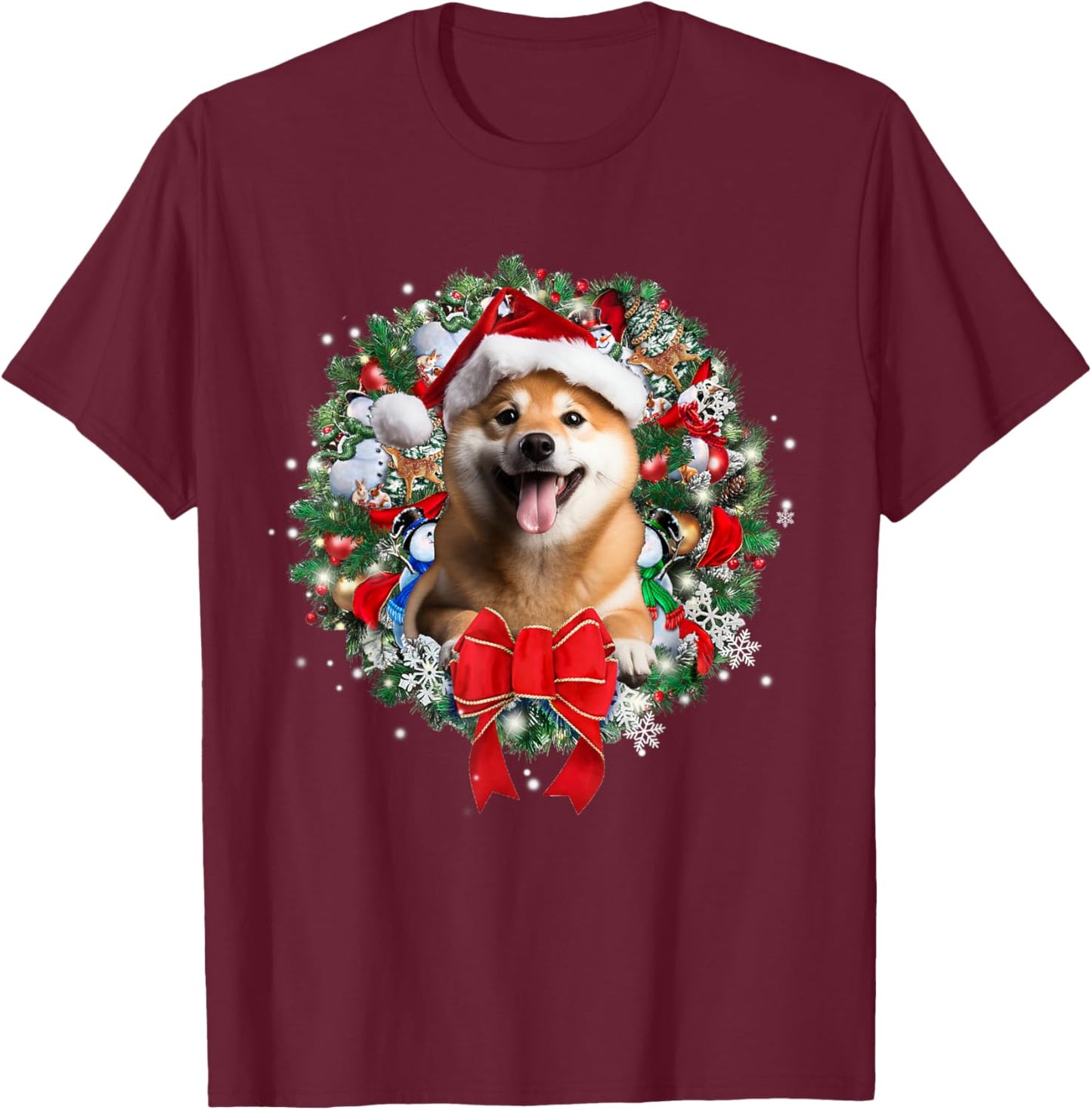 Shiba Inu Christmas Wreath Decoration Xmas Pajamas T-Shirt - T-Shirt | Maroon