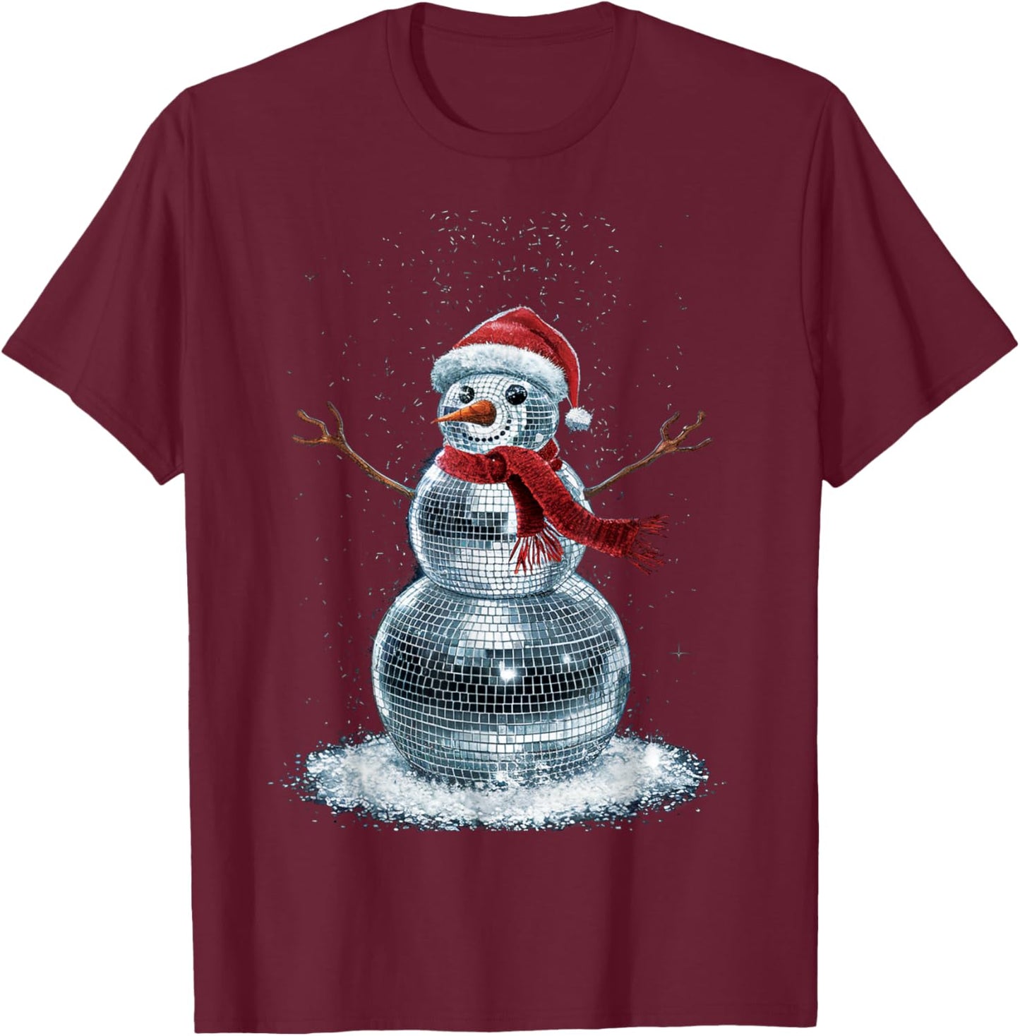 Snowman Christmas Retro Santa Hat Disco Ball Matching Family T-Shirt - T-Shirt | Maroon