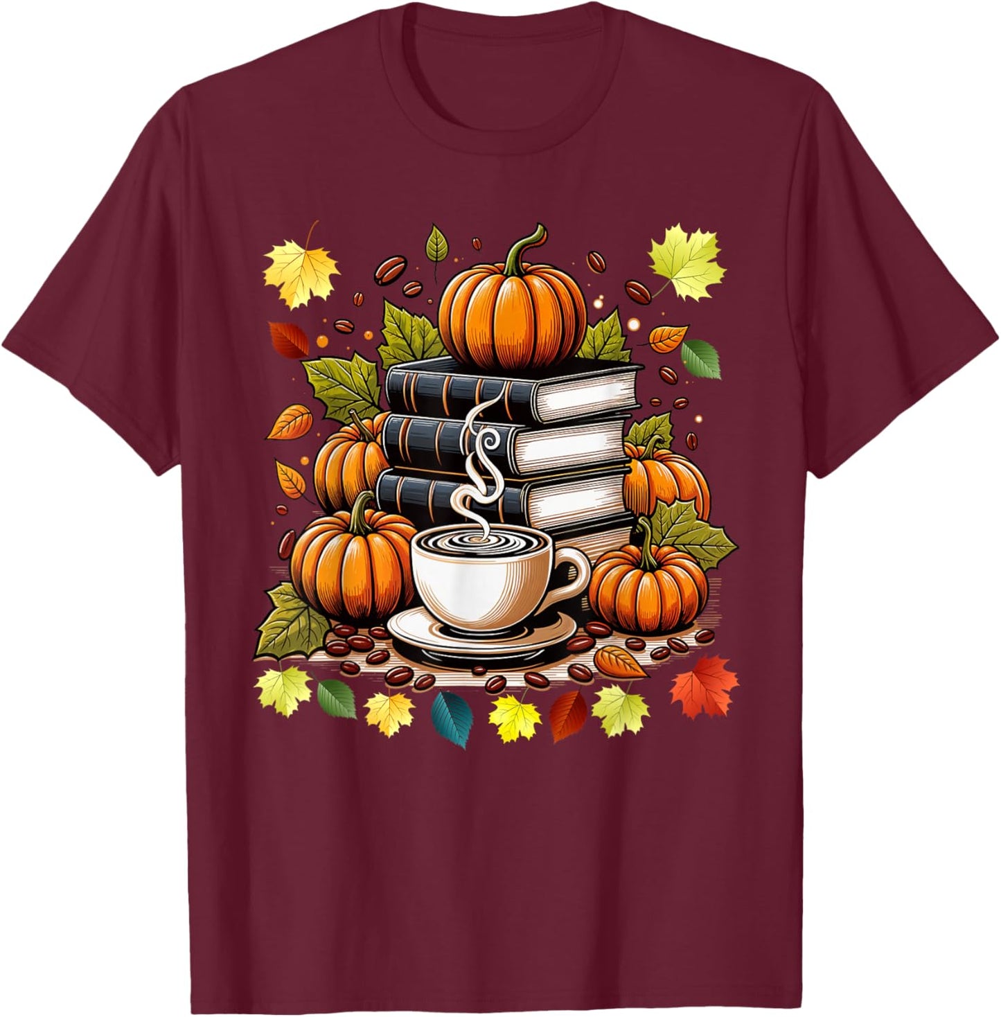 Books Coffee Fall Leaves and Pumpkins Vintage Library T-Shirt - T-Shirt | Maroon