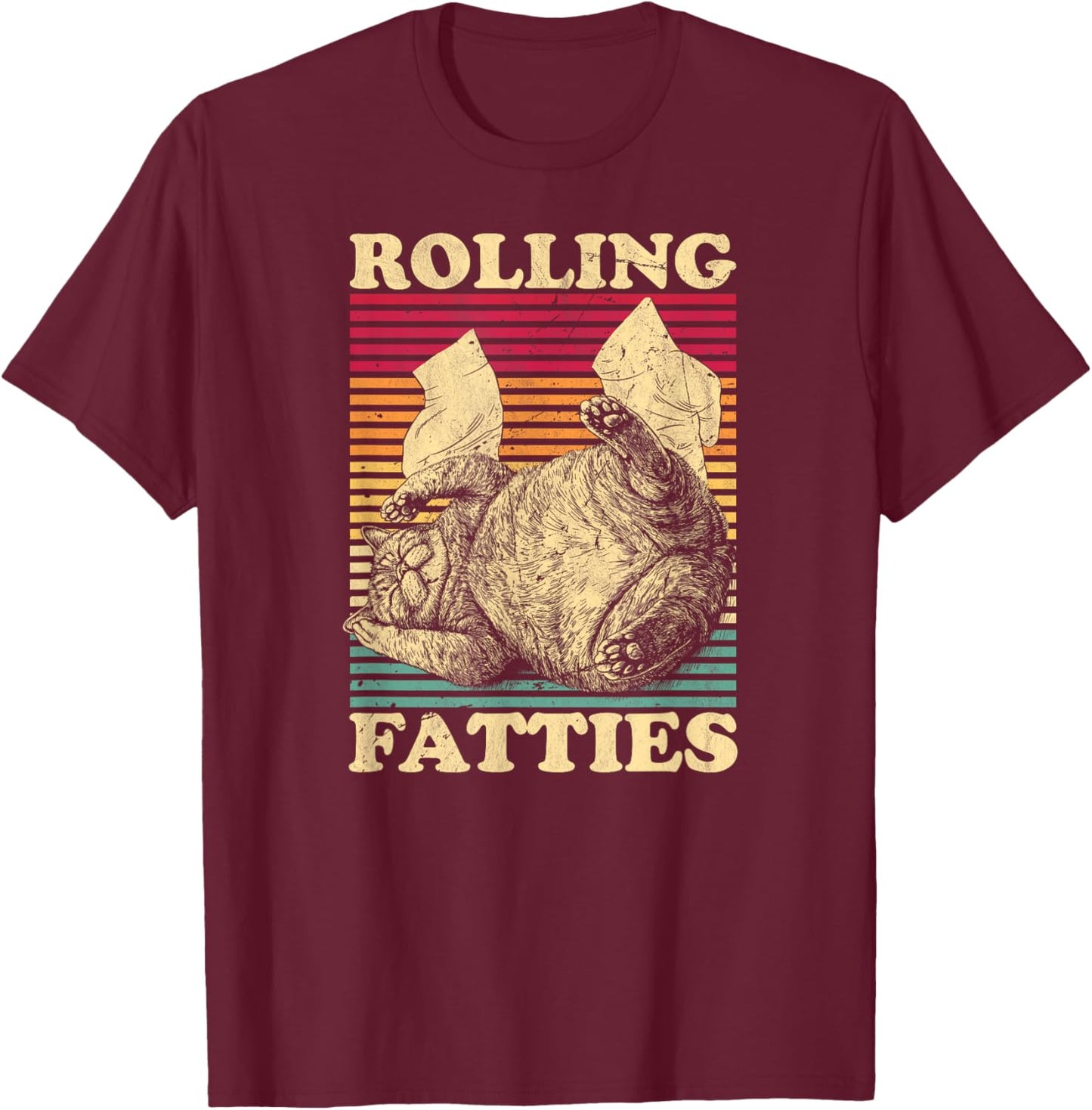 Rolling Fatties Cat Funny Cute Cat Lover Retro Black T-Shirt - T-Shirt | Maroon