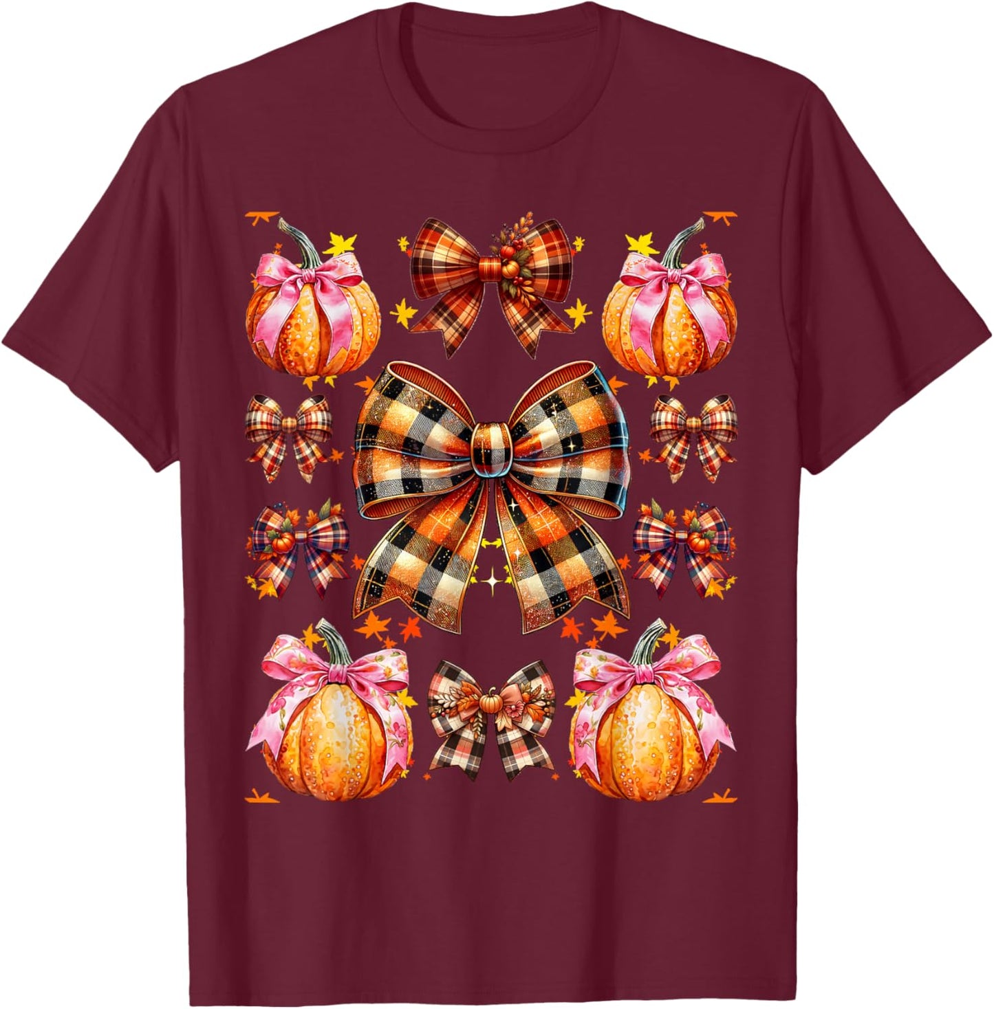Coquette Bow Pumpkin Season Thanksgiving Autumn Fall Leaves T-Shirt - T-Shirt | Maroon