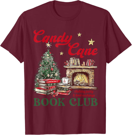 Candy Cane Book Club Holiday Party & Book Exchange T-Shirt - T-Shirt | Maroon