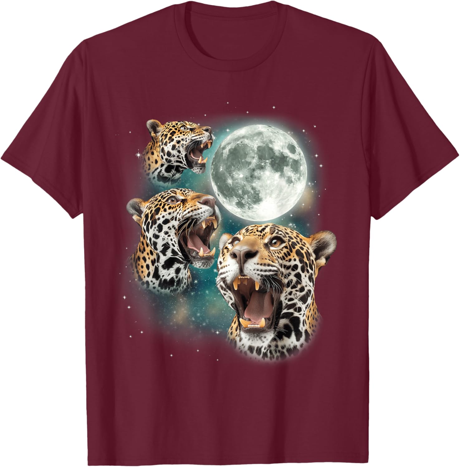 Three Jaguar Moon | 3 Howling Big Cats Forest Animal Graphic T-Shirt - T-Shirt | Maroon
