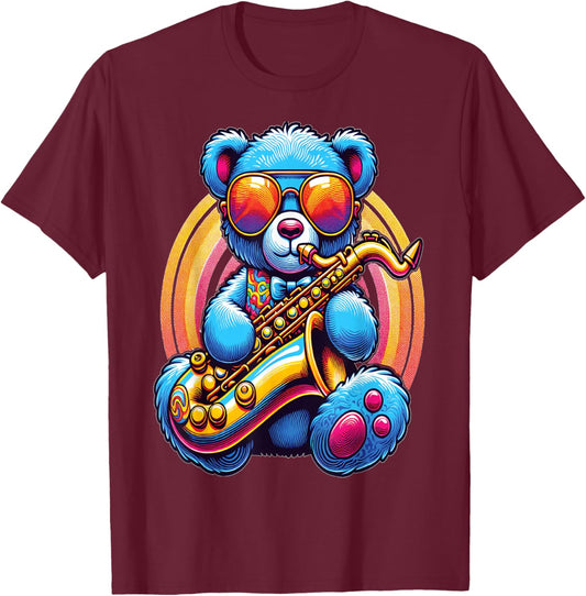 Teddy bear playing Saxophone Cool Saxophonist T-Shirt - T-Shirt | Maroon