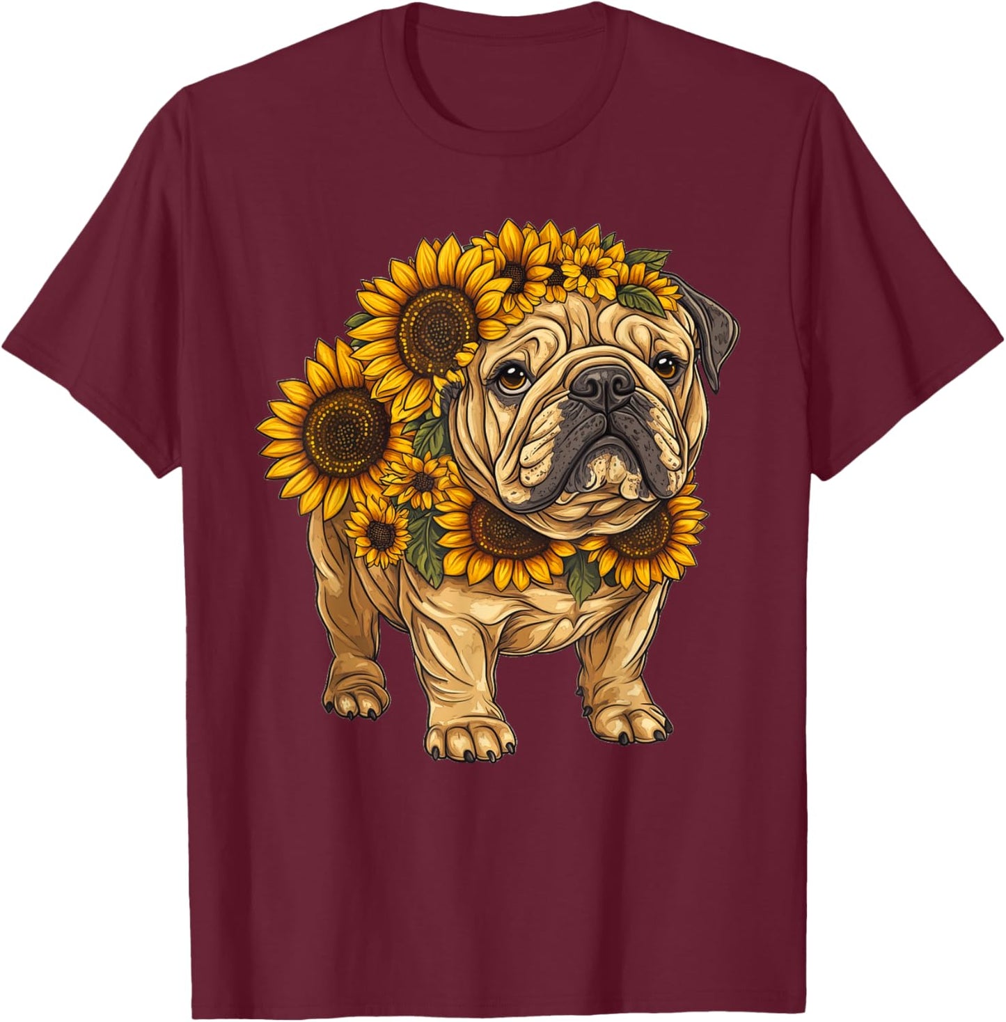 Sunflower English Bulldog Dog Flower Gardening Floral T-Shirt - T-Shirt | Maroon