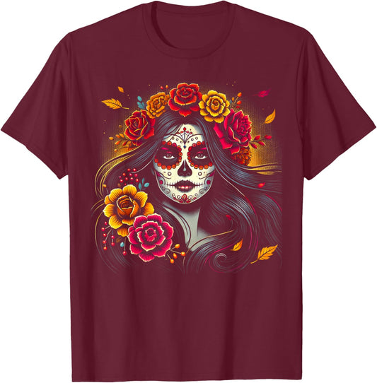 De Los Muertos La Catrina Day of the Dead Sugar Skull Women T-Shirt - T-Shirt | Maroon