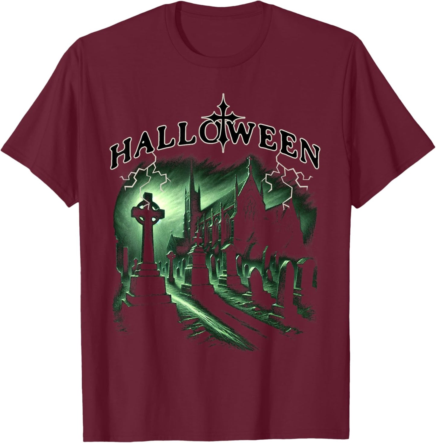 Halloween Spooky Churchyard Gothic Graveyard Scene T-Shirt - T-Shirt | Maroon