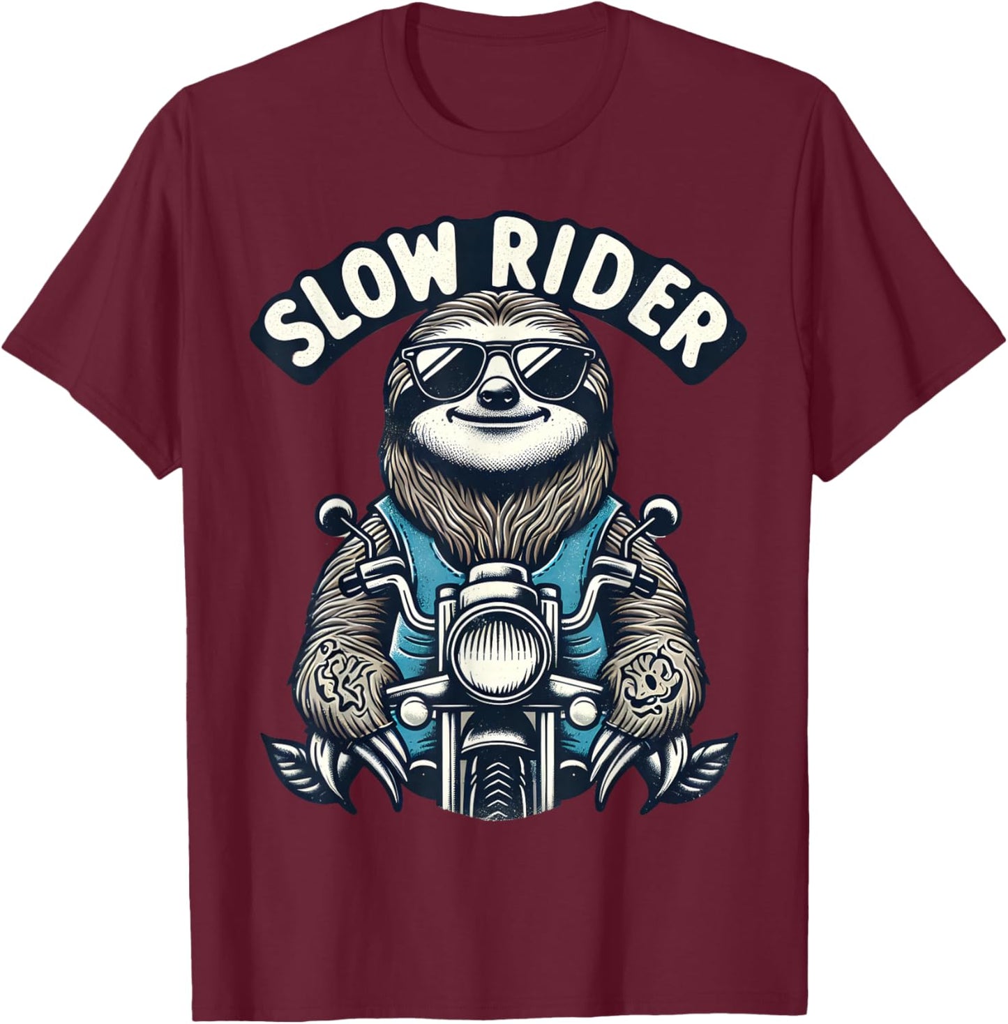 Cool Sloth on Motorcycle Slow Rider Funny T-Shirt - T-Shirt | Maroon