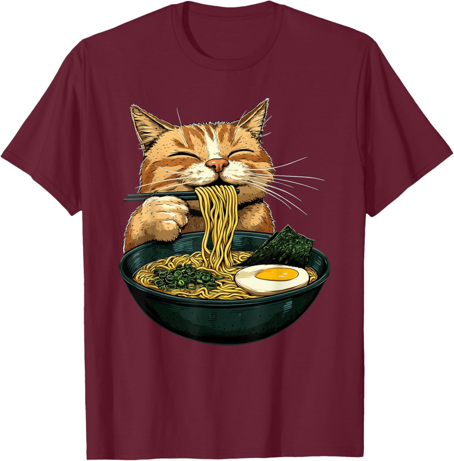 Funny Cat Eating Ramen Japanese Anime Kawaii Cat T-Shirt - T-Shirt | Maroon