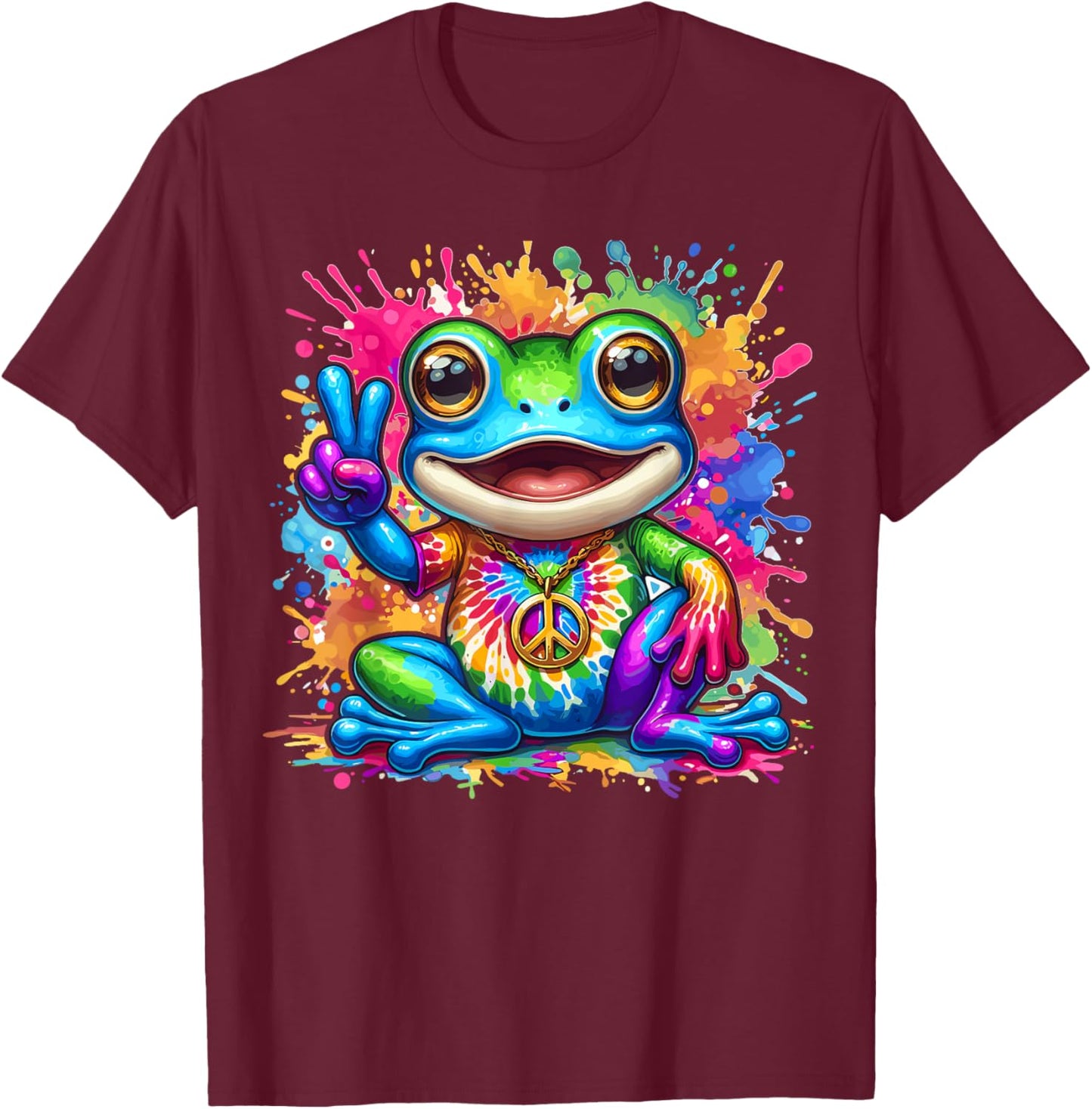Magical and Funny Hippie Gifts Tie-Dye Frog Peace Sign Hippie T-Shirt - T-Shirt | Maroon