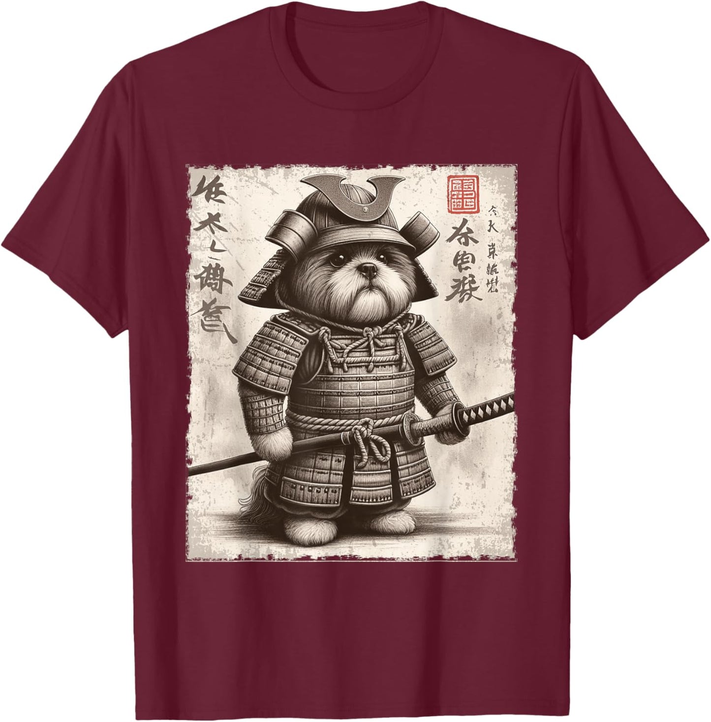 Funny Shih Tzu Dog Samurai T-Shirt - T-Shirt | Maroon