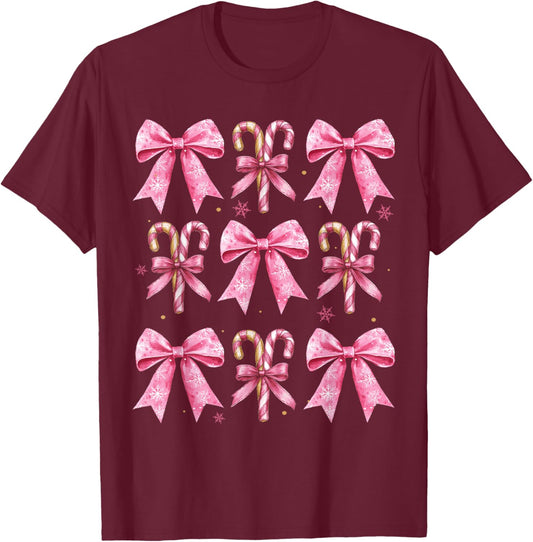 Cute Coquette Bow Candy Canes Christmas Pink Bow Girls Teens T-Shirt - T-Shirt | Maroon