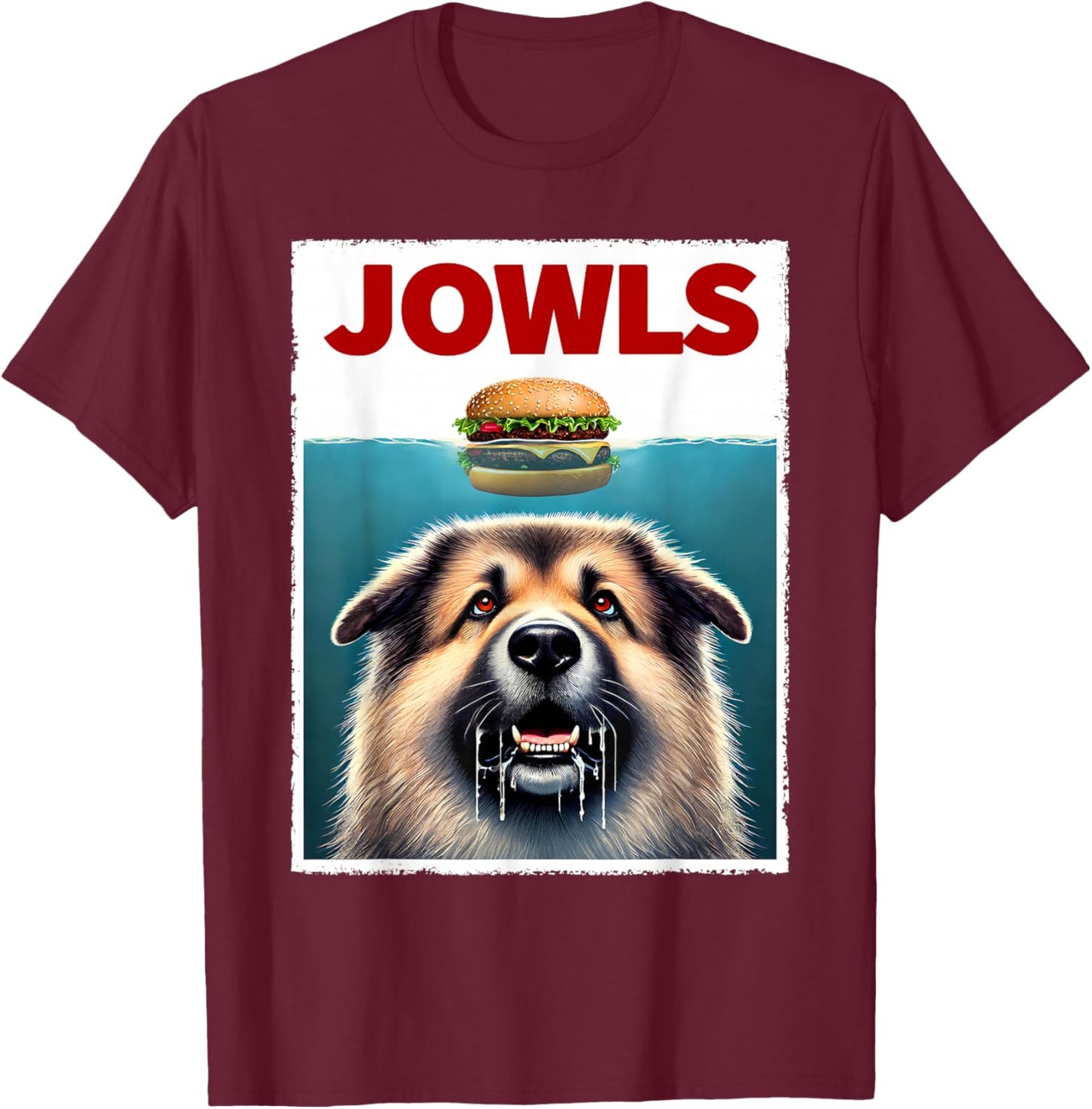 Funny Caucasian Shepherd Dog and Hamburger Parody Jowls T-Shirt - T-Shirt | Maroon