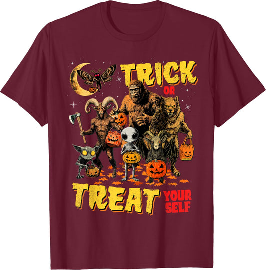 Trick Or Treat Yourself Cryptid Bigfoot Dogman Halloween T-Shirt - T-Shirt | Maroon