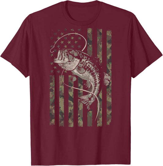 Fishing Camo American Flag Bass Fish (Design on Back) T-Shirt - T-Shirt | Maroon