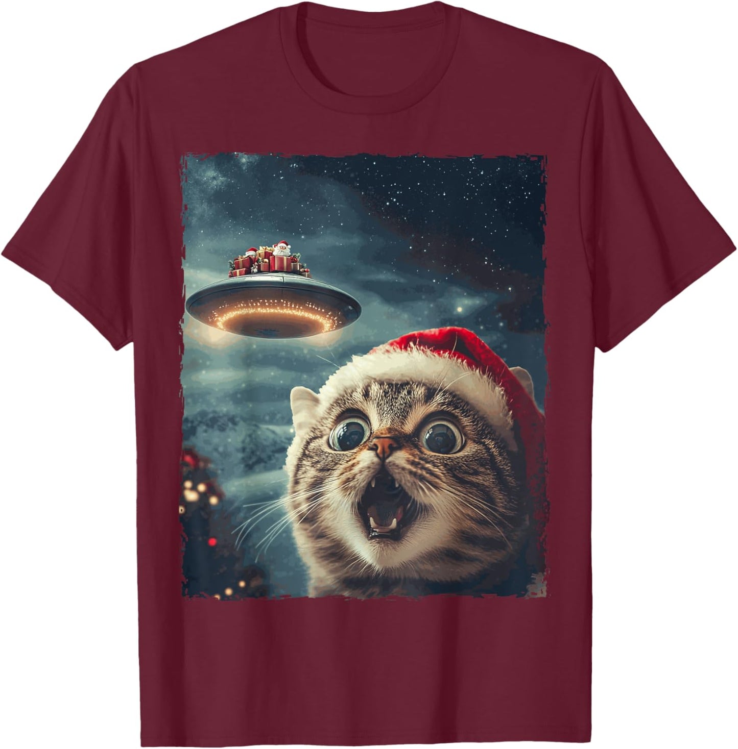 Funny Cat Selfie Santa Ufo Xmas Christmas T-Shirt - T-Shirt | Maroon
