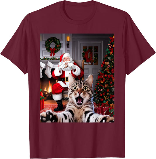 Christmas Funny Cat Selfie with Santa Claus Cute Holiday T-Shirt - T-Shirt | Maroon