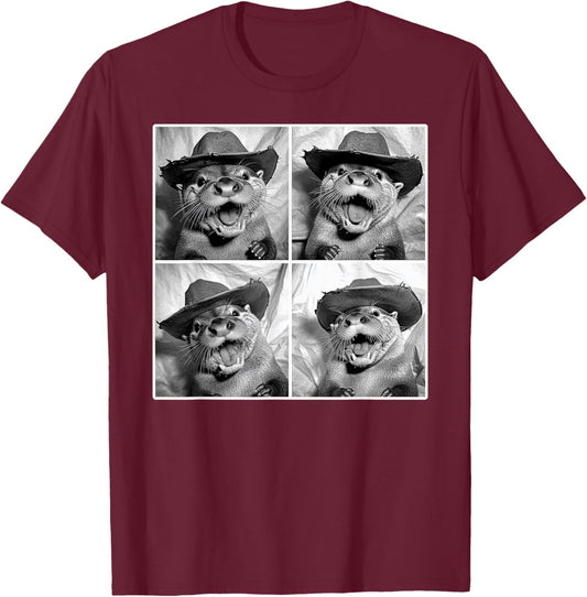 Otter in Cowboy Hat Retro Photobooth Selfie Funny Sea Otter T-Shirt - T-Shirt | Maroon