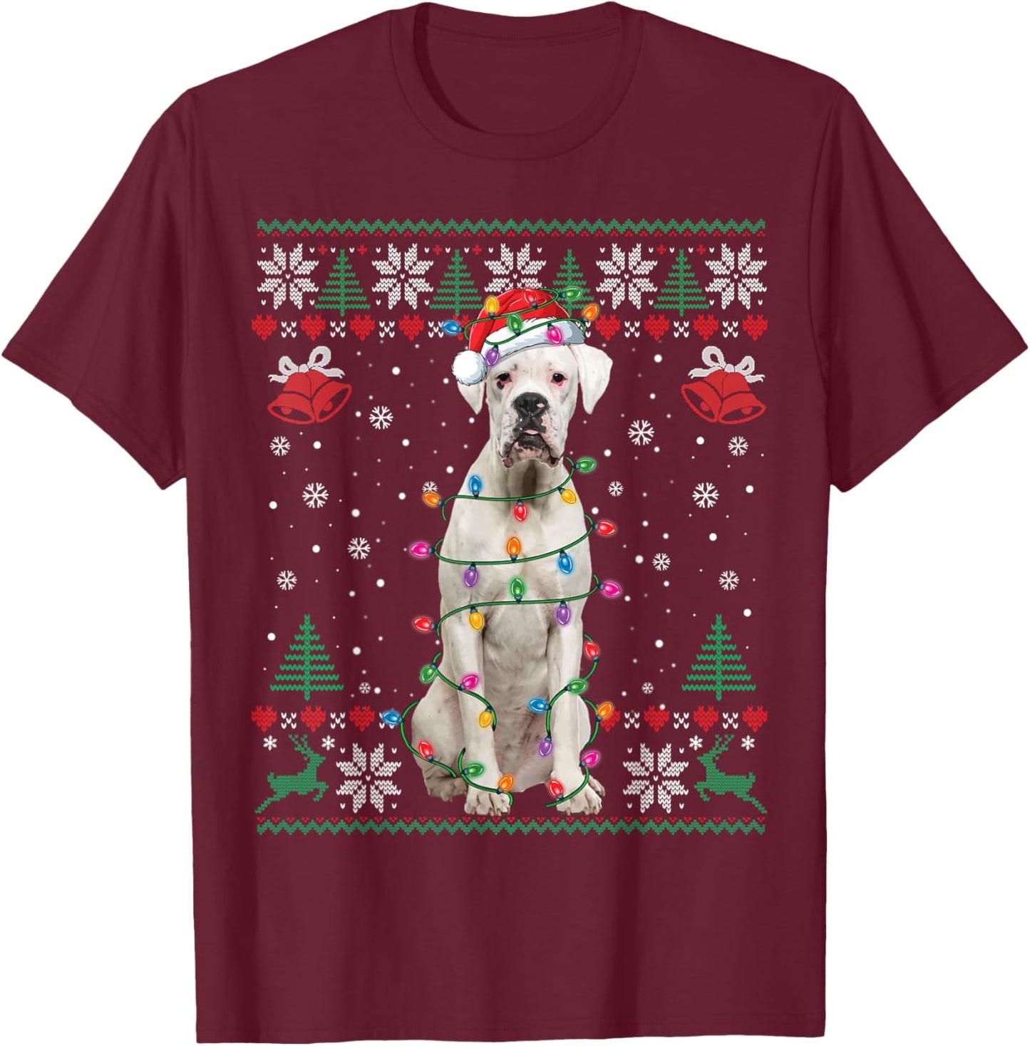 White Boxer Dog Ugly Christmas Sweater Funny Xmas T-Shirt - T-Shirt | Maroon