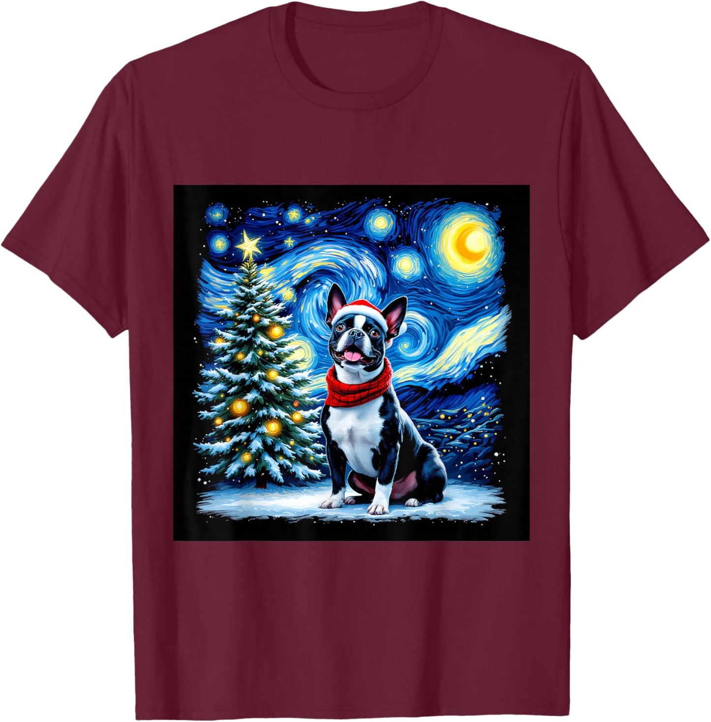 Boston Terrier Starry Night Christmas Van Gogh Dog Santa Hat T-Shirt - T-Shirt | Maroon