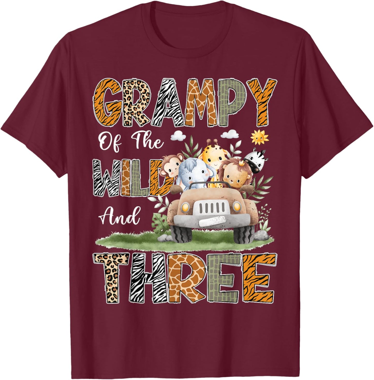 Grampy Of The Wild Three 3Rd Birthday Safari Jungle Animal T-Shirt - T-Shirt | Maroon