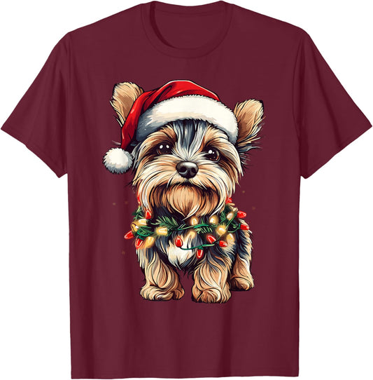 Yorkie Santa Christmas Tree Lights Xmas Yorkshire Terrier T-Shirt - T-Shirt | Maroon