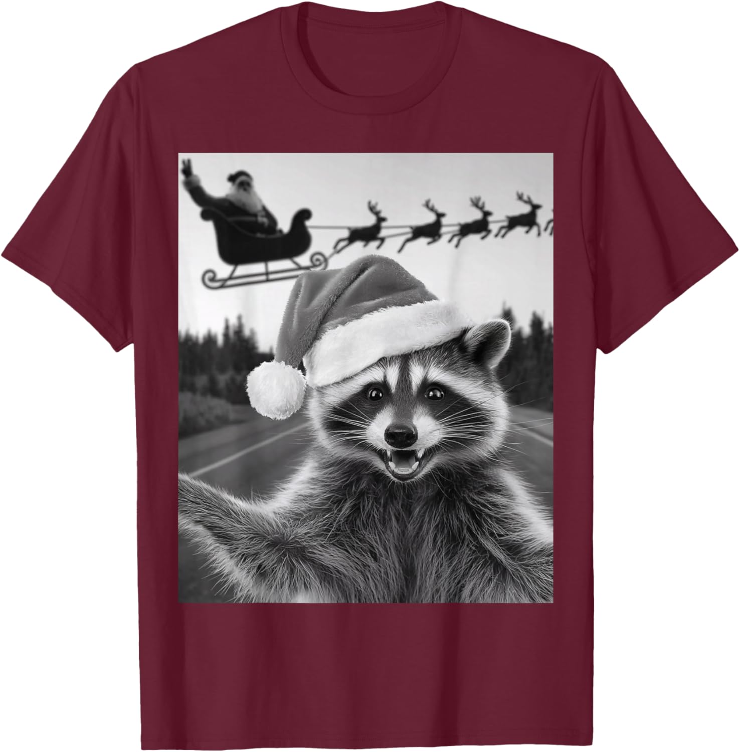 Funny Christmas Raccoon Shirt Raccoon Selfie With Santa T-Shirt - T-Shirt | Maroon