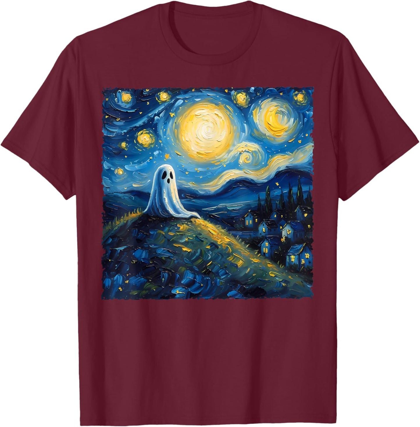 Van Gogh Style Funny Ghost Lover The Starry Night Painting T-Shirt - T-Shirt | Maroon