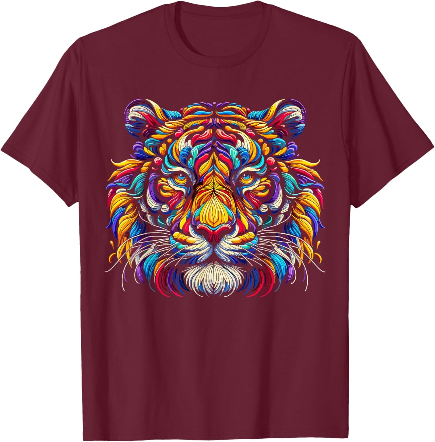 Tiger Face Wild Animal Colorful Tiger T-Shirt - T-Shirt | Maroon