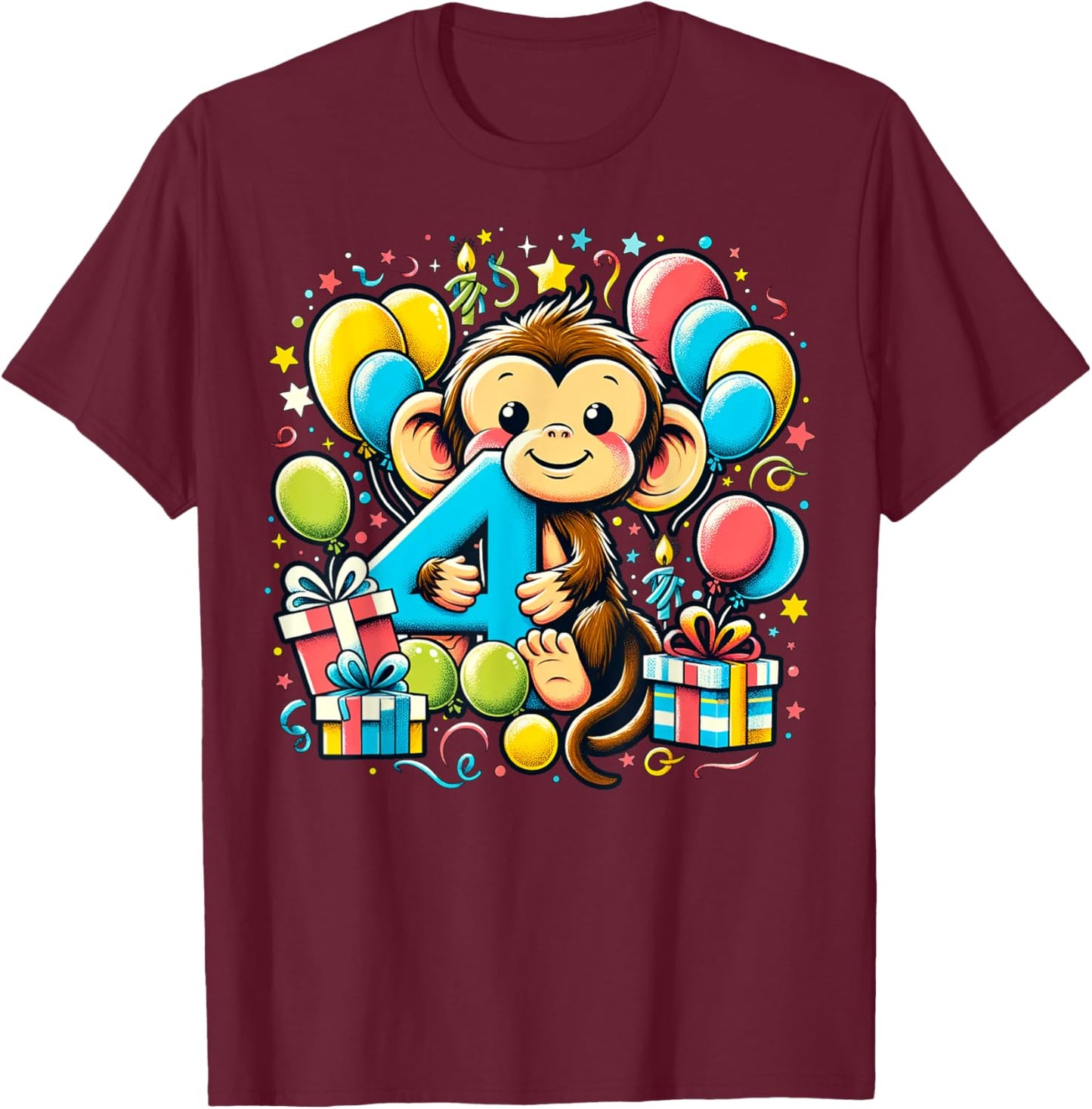 Monkey 4th birthday boy girl 4 years old fourth four Monkey T-Shirt - T-Shirt | Maroon