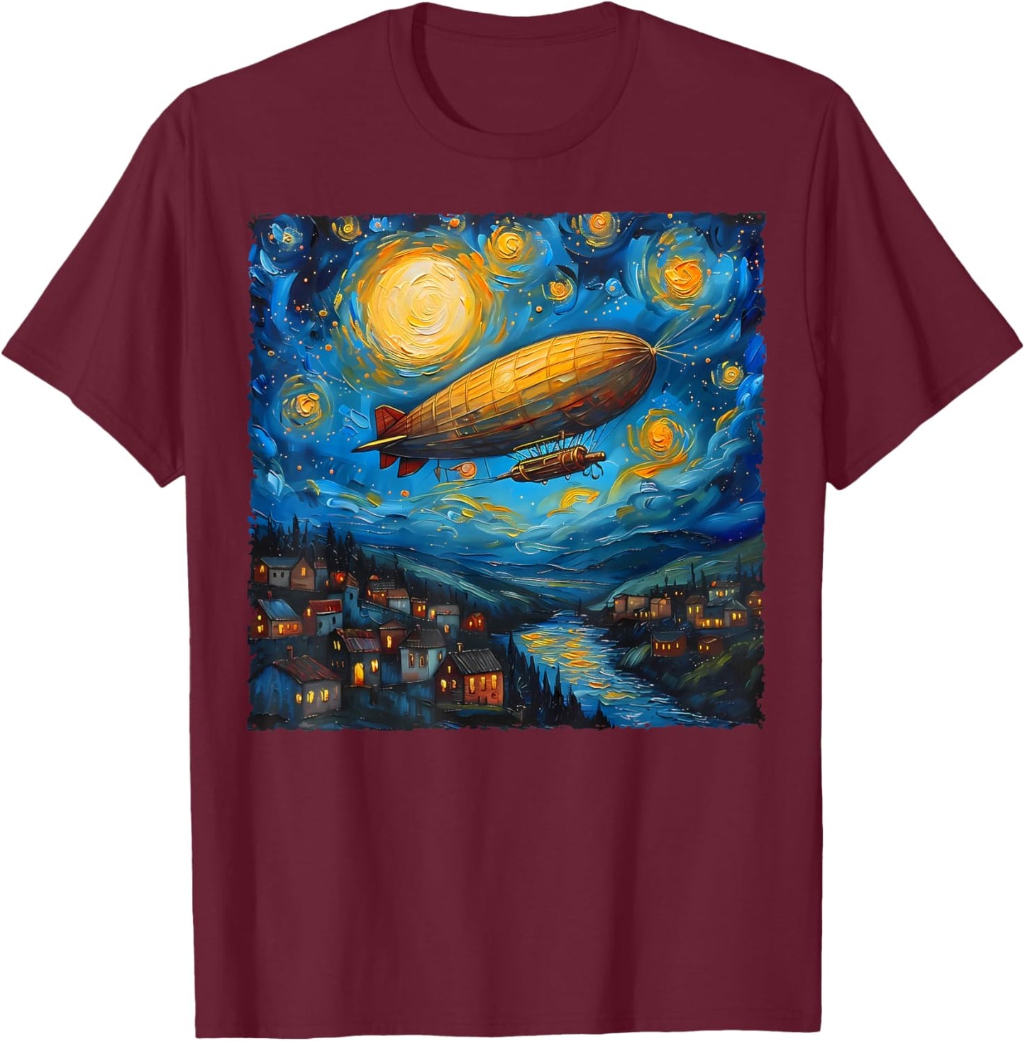 Zeppelin Van Gogh Starry Night Art Airship and Art Lovers T-Shirt - T-Shirt | Maroon