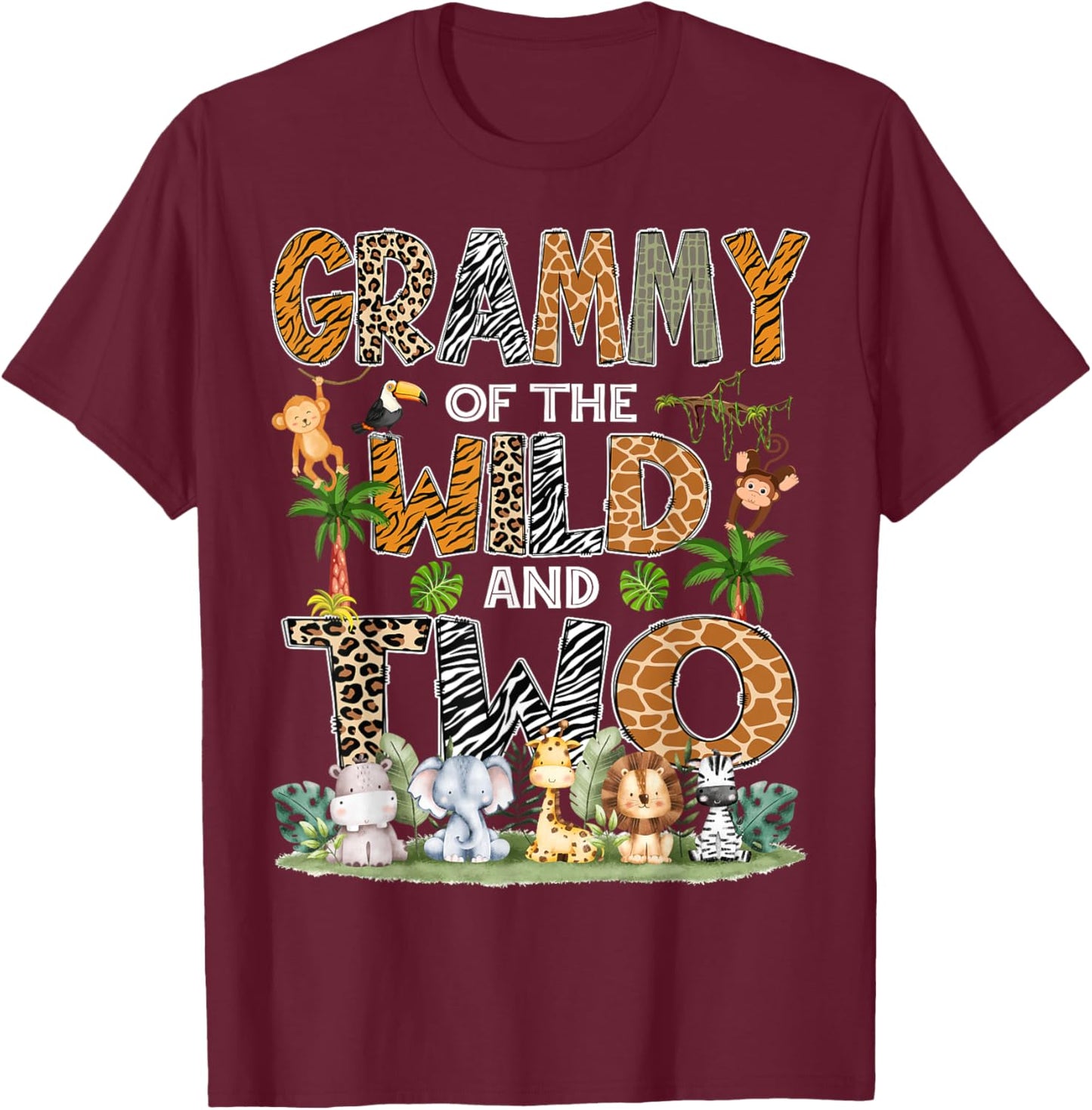 Grammy Of The Wild And Two Zoo Safari Jungle Birthday T-Shirt - T-Shirt | Maroon