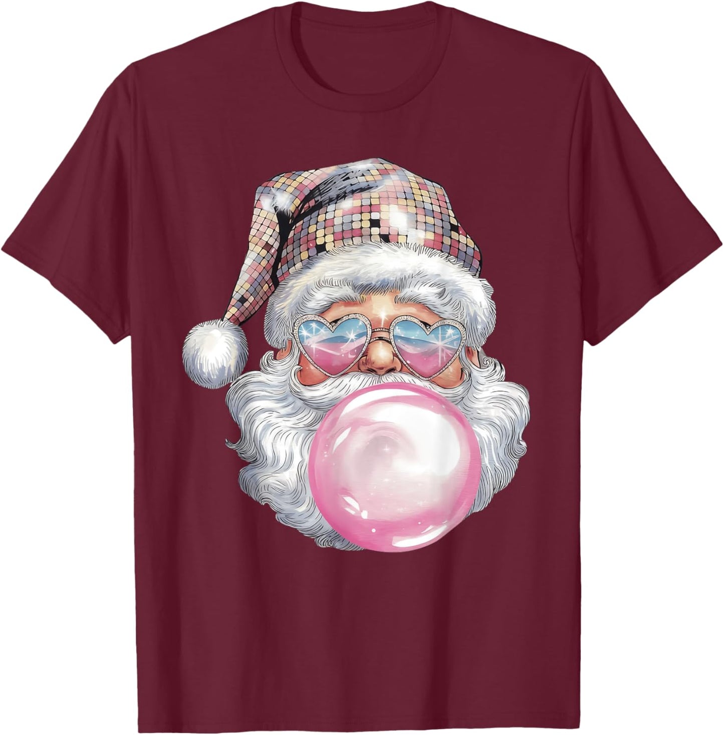 Cute Retro Santa Christmas Blowing Bubble Gum Vintage Girly T-Shirt - T-Shirt | Maroon