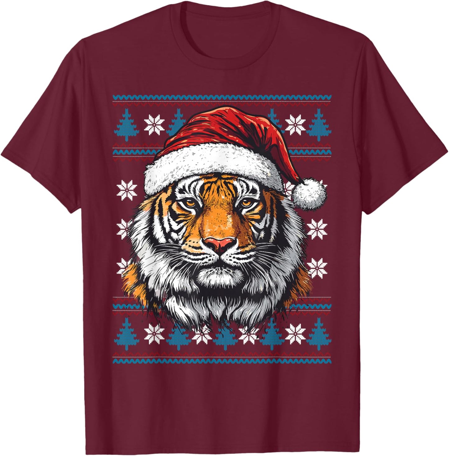 Tiger Santa Hat Ugly Christmas Sweater Tiger Lovers Holiday T-Shirt - T-Shirt | Maroon